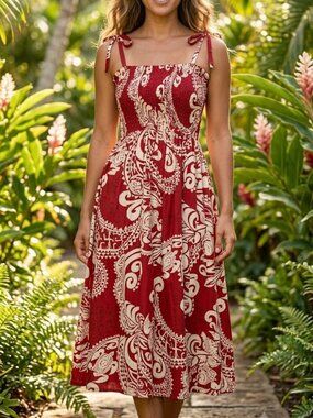 Fashion E&K Red Polynesian Tribal Paisley Smocked Midi Sun Dress One Size OS